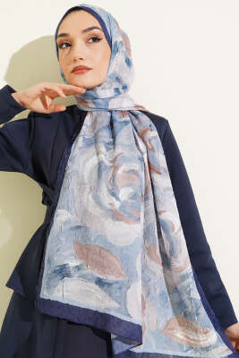 Çiçek Desenli Bambu Kraş Şal Lacivert - Başörtüsü