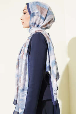 Çiçek Desenli Bambu Kraş Şal Lacivert - Başörtüsü