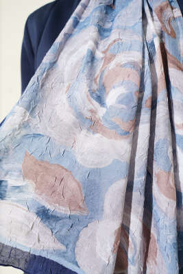 Çiçek Desenli Bambu Kraş Şal Lacivert - Başörtüsü