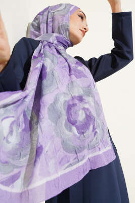 Çiçek Desenli Bambu Kraş Şal Lila - Başörtüsü