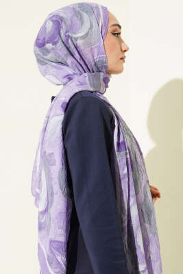Çiçek Desenli Bambu Kraş Şal Lila - Başörtüsü