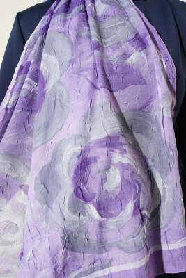 Çiçek Desenli Bambu Kraş Şal Lila - Başörtüsü