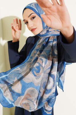 Çiçek Desenli Bambu Kraş Şal Saks - MODA KAPRİS