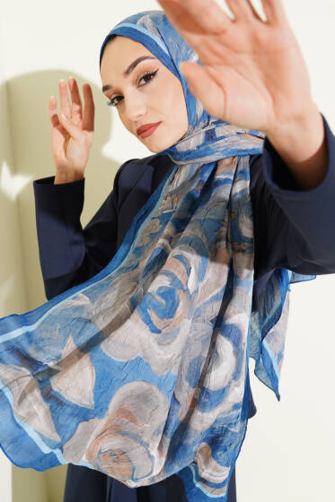 Çiçek Desenli Bambu Kraş Şal Saks - Başörtüsü