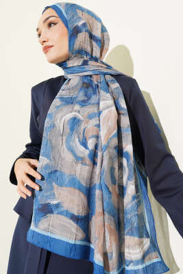 Çiçek Desenli Bambu Kraş Şal Saks - Başörtüsü