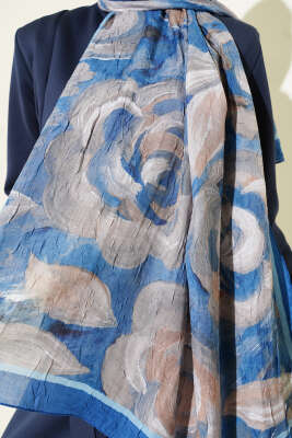 Çiçek Desenli Bambu Kraş Şal Saks - Başörtüsü