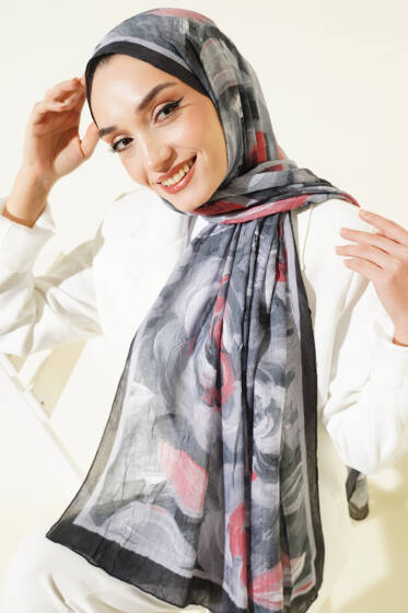 Çiçek Desenli Bambu Kraş Şal Siyah - Başörtüsü