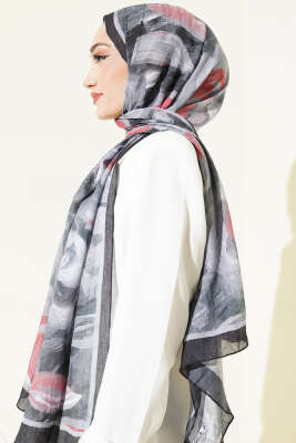 Çiçek Desenli Bambu Kraş Şal Siyah - Başörtüsü