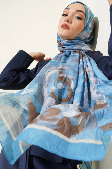 Çiçek Desenli Bambu Kraş Şal Soft Mavi - Başörtüsü