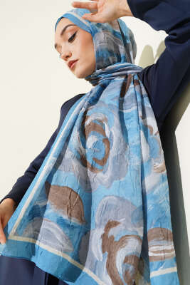 Çiçek Desenli Bambu Kraş Şal Soft Mavi - Başörtüsü