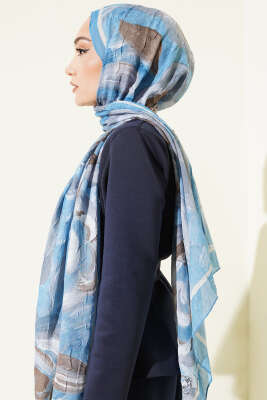 Çiçek Desenli Bambu Kraş Şal Soft Mavi - Başörtüsü