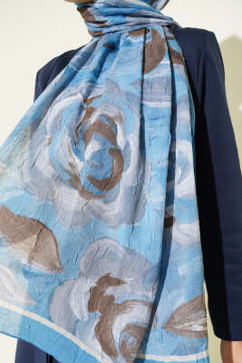 Çiçek Desenli Bambu Kraş Şal Soft Mavi - Başörtüsü