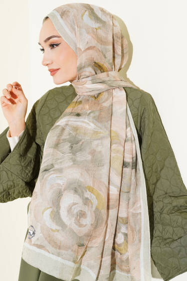 Çiçek Desenli Bambu Kraş Şal Su Yeşili - Başörtüsü