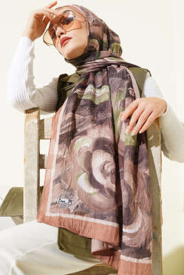 Çiçek Desenli Bambu Kraş Şal Taba - MODA KAPRİS