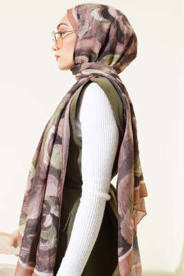 Çiçek Desenli Bambu Kraş Şal Taba - Başörtüsü