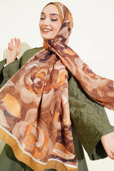 Çiçek Desenli Bambu Kraş Şal Yağ Yeşili - Başörtüsü