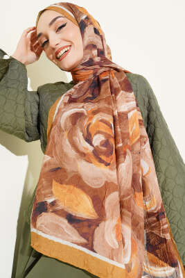 Çiçek Desenli Bambu Kraş Şal Yağ Yeşili - Başörtüsü