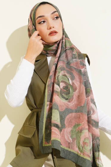 Çiçek Desenli Bambu Kraş Şal Zümrüt - Başörtüsü