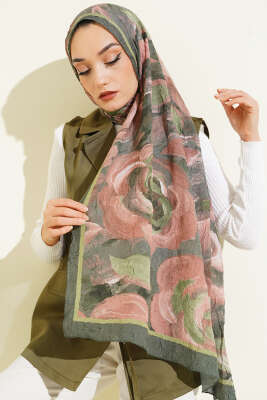 Çiçek Desenli Bambu Kraş Şal Zümrüt - Başörtüsü
