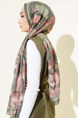 Çiçek Desenli Bambu Kraş Şal Zümrüt - Başörtüsü