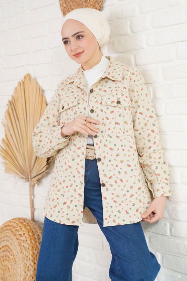 Çiçek Desenli Bej Gömlek - Tunik