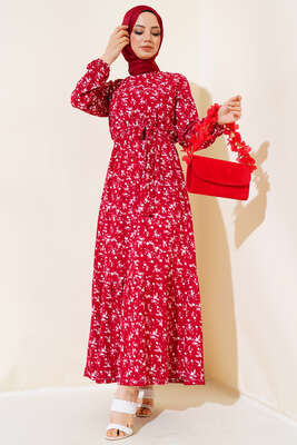 Çiçek Desenli Bel Lastikli Bürümcük Elbise Bordo 