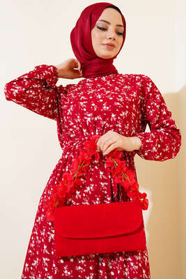 Çiçek Desenli Bel Lastikli Bürümcük Elbise Bordo - Tesettür Elbise