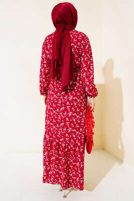 Çiçek Desenli Bel Lastikli Bürümcük Elbise Bordo - Tesettür Elbise