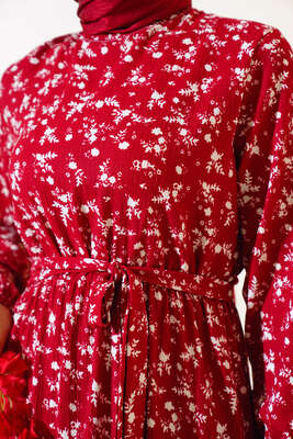 Çiçek Desenli Bel Lastikli Bürümcük Elbise Bordo - Tesettür Elbise