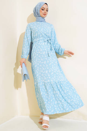 Çiçek Desenli Bel Lastikli Bürümcük Elbise Mavi - Elbise