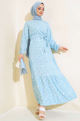 Çiçek Desenli Bel Lastikli Bürümcük Elbise Mavi 