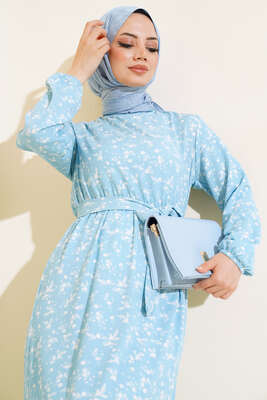 Çiçek Desenli Bel Lastikli Bürümcük Elbise Mavi - Tesettür Elbise