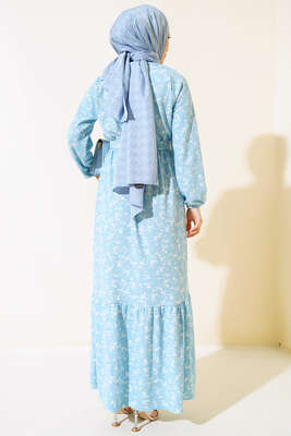 Çiçek Desenli Bel Lastikli Bürümcük Elbise Mavi - Tesettür Elbise