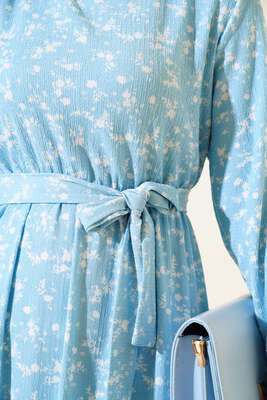 Çiçek Desenli Bel Lastikli Bürümcük Elbise Mavi - Tesettür Elbise