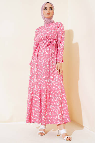 Çiçek Desenli Bel Lastikli Bürümcük Elbise Pudra - Elbise