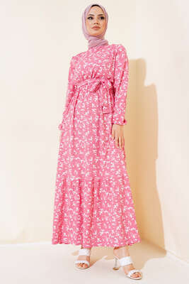 Çiçek Desenli Bel Lastikli Bürümcük Elbise Pudra - Tesettür Elbise