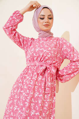 Çiçek Desenli Bel Lastikli Bürümcük Elbise Pudra - Tesettür Elbise