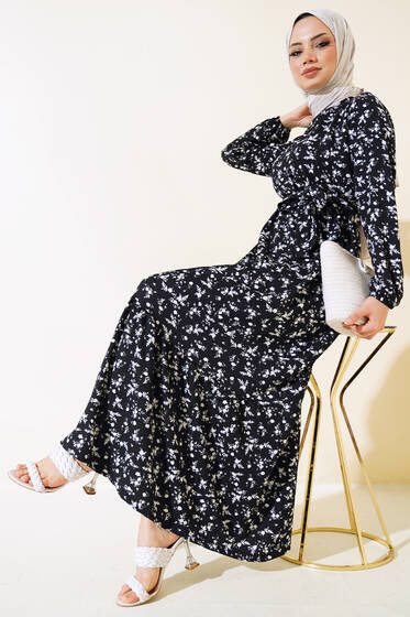 Çiçek Desenli Bel Lastikli Bürümcük Elbise Siyah - Elbise