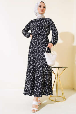 Çiçek Desenli Bel Lastikli Bürümcük Elbise Siyah - Tesettür Elbise