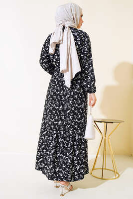 Çiçek Desenli Bel Lastikli Bürümcük Elbise Siyah - Tesettür Elbise