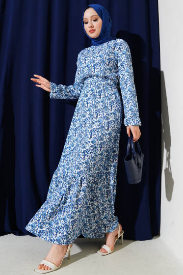 Çiçek Desenli Bel Lastikli Volanlı Bürümcük Elbise İndigo - Elbise
