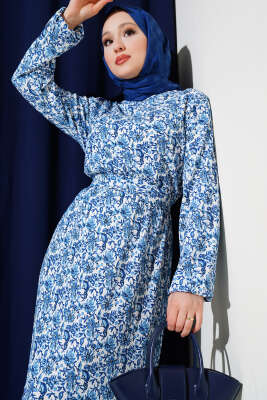 Çiçek Desenli Bel Lastikli Volanlı Bürümcük Elbise İndigo - Tesettür Elbise