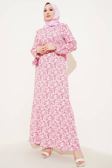 Çiçek Desenli Bel Lastikli Volanlı Bürümcük Elbise Pudra - Elbise