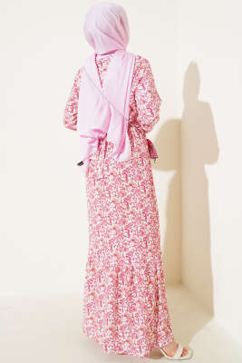 Çiçek Desenli Bel Lastikli Volanlı Bürümcük Elbise Pudra - Tesettür Elbise