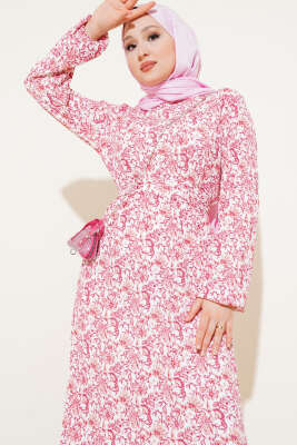 Çiçek Desenli Bel Lastikli Volanlı Bürümcük Elbise Pudra - Tesettür Elbise
