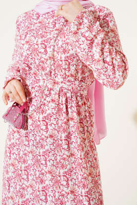 Çiçek Desenli Bel Lastikli Volanlı Bürümcük Elbise Pudra - Tesettür Elbise