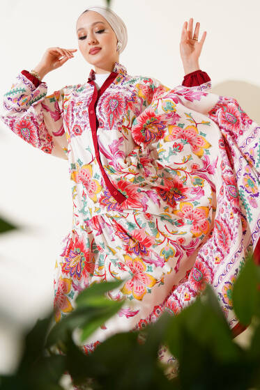 Çiçek Desenli Bilek Lastikli Elbise Bordo - Elbise