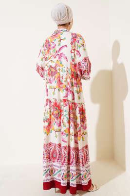 Çiçek Desenli Bilek Lastikli Elbise Bordo - Tesettür Elbise