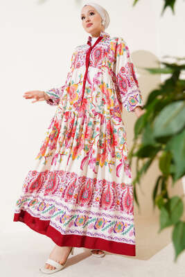 Çiçek Desenli Bilek Lastikli Elbise Bordo - Tesettür Elbise