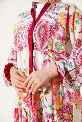 Çiçek Desenli Bilek Lastikli Elbise Bordo - Tesettür Elbise